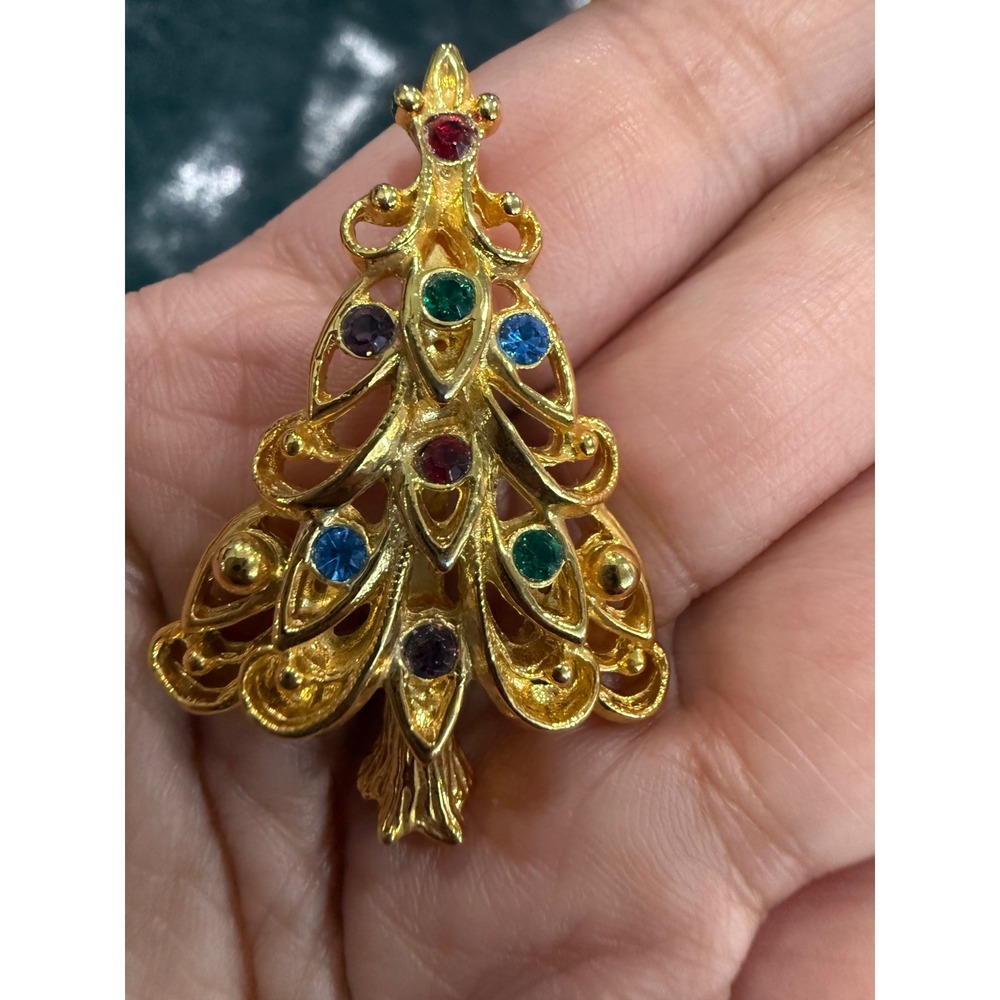 Eisenberg Ice Vintage Christmas Tree Brooch Gold Tone Multi Color Rhinestone 2"